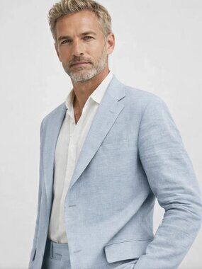 Men's Tailored Linen Two-Piece Suit, Structured Blazer & Trouser Set, Light Blue